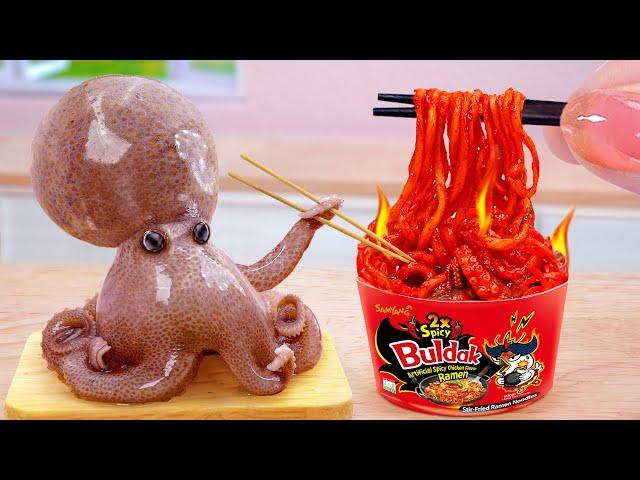 Spicy Recipe For Seafood Lovers  Yummy Miniature Stir Fry Tiny Octopus Ramen  By Tina Mini Cooking