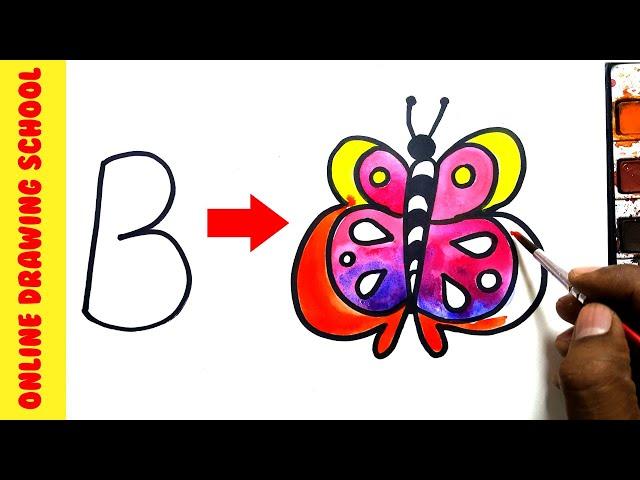 letters B into Butterfly drawing-How to Draw Anything from letters simple and easy