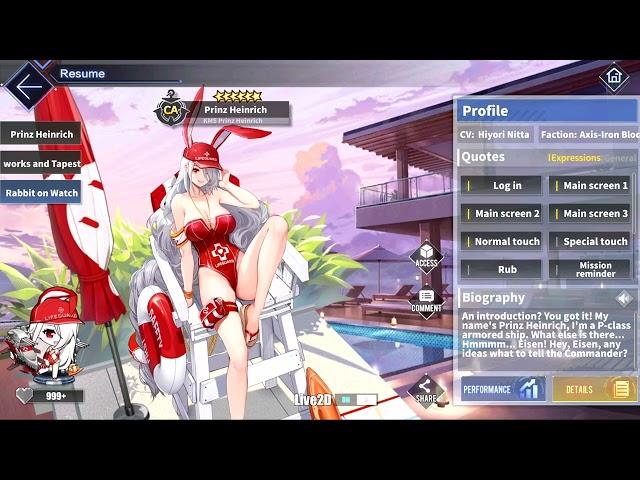 Azur Lane: New KMS Prinz Heinrich L2D Skin Talk & Move (Rabbit on Watch)