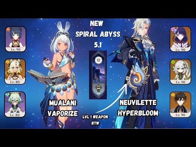 C0 Mualani Vaporize & C0 Neuvilette Hyperbloom WITH LEVEL 1 WEAPON| Spiral Abyss 5.1| Genshin Impact