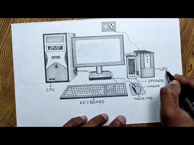 Easy way to draw desktop computer set step by step