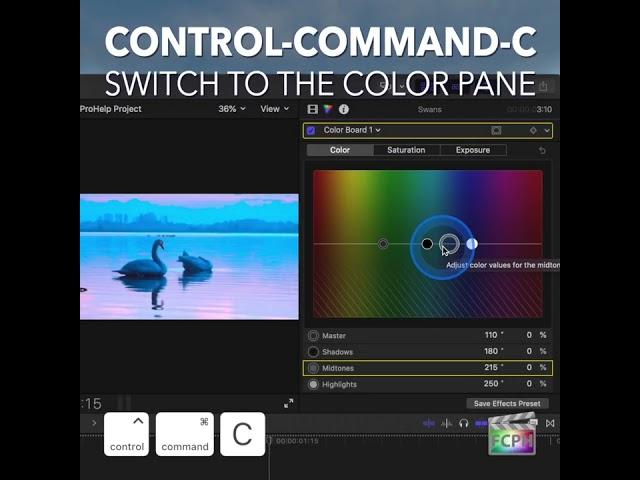 Final Cut Pro Shortcut | Control-Command-C | Switch to the Color Pane