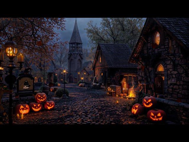 Cozy Autumn Village Halloween Ambience with Relaxing Crackling Fire & Nature Sounds, Crunchy Leaves