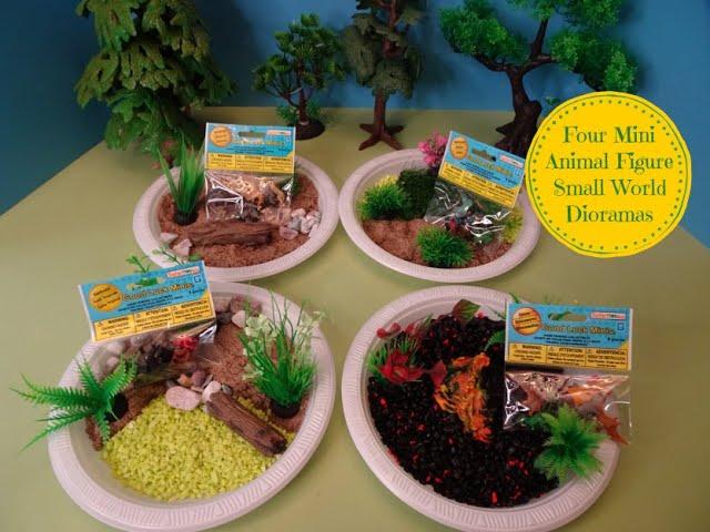 Four Safari Ltd. Mini Small World Animal Dioramas- Savanna, Backyard, Rainforest, & Dinosaur Figures