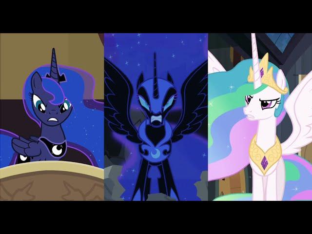 Luna transforms into Nightmare Moon and fights Celestia