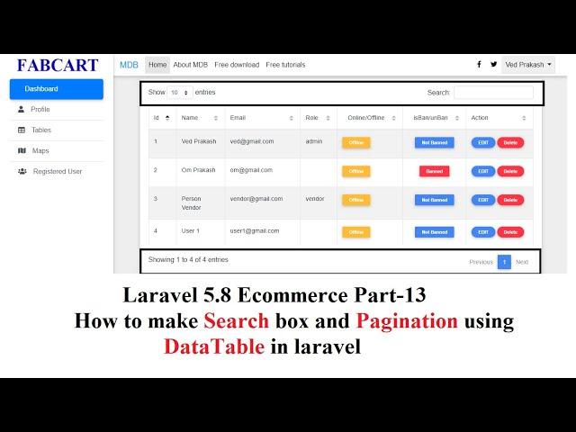 Laravel 5.8 Ecommerce Part-13 | How to make search box and pagination using DataTable in laravel