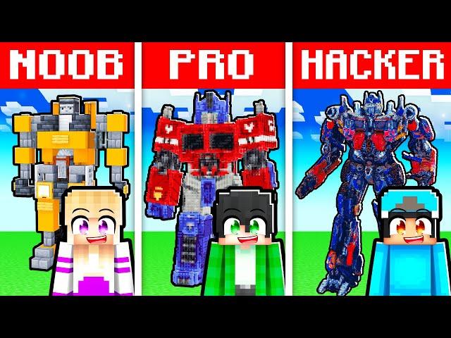 NOOB vs PRO: TRANSFORMER STATUE HOUSE Build Challenge in Minecraft With Crazy Fan Girl!!