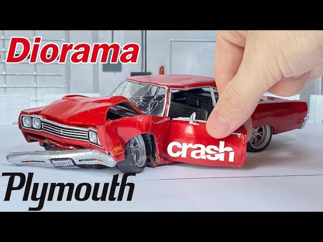 DIORAMA OF BROKEN CAR, crash test ground, made of plasticine in 1/24 scale