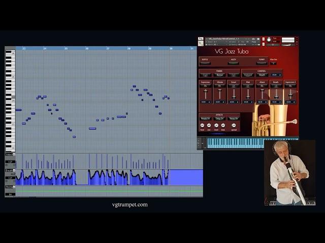 Jazz improvisation, Aerophone Pro in Cubase. DAW piano roll, VG Jazz Tuba Kontakt sound library.