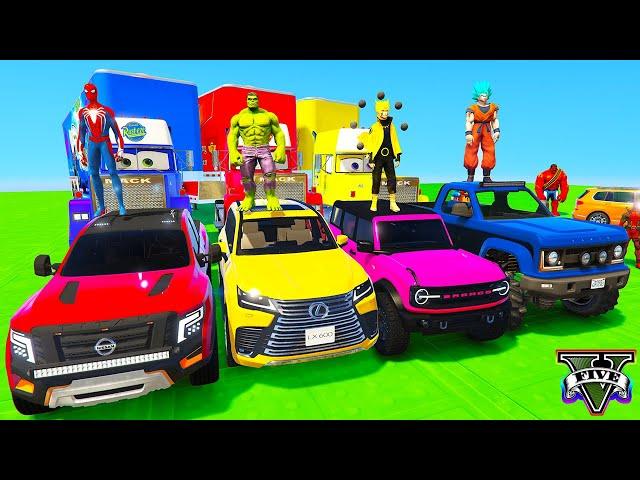 SPIDERMAN CARS Monster Trucks Mega MULTI Ramp Challenge ! SUPERHERO Hulk Stunt JET SKI Motos - GTA V