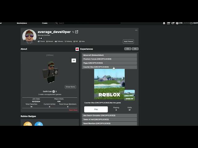 Free Roblox Uncopylocked games (username is: Average_devel0per)