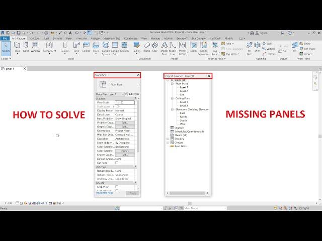 Revit project browser and properties panel missing