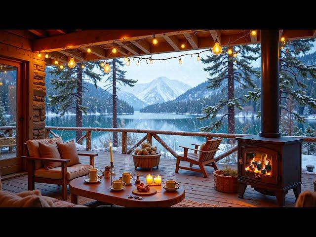 Cozy Wooden Porch in the Winter Forest  Relax with Piano and Warm Fireplace