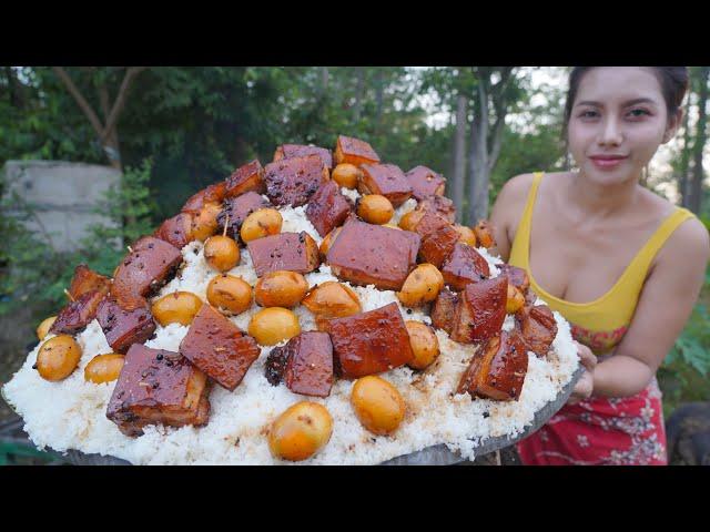 pork braised with rice cook recipe and eat - Amazing video