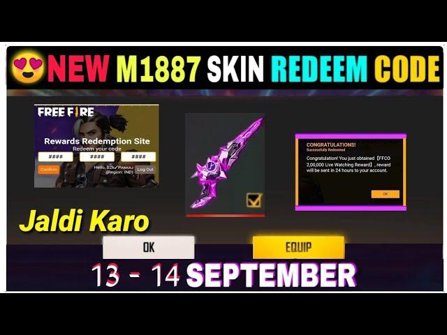 Free Fire Redeem Code Today 13 September | New Evo M1887 Skin Redeem Code | FF Redeem Code Today