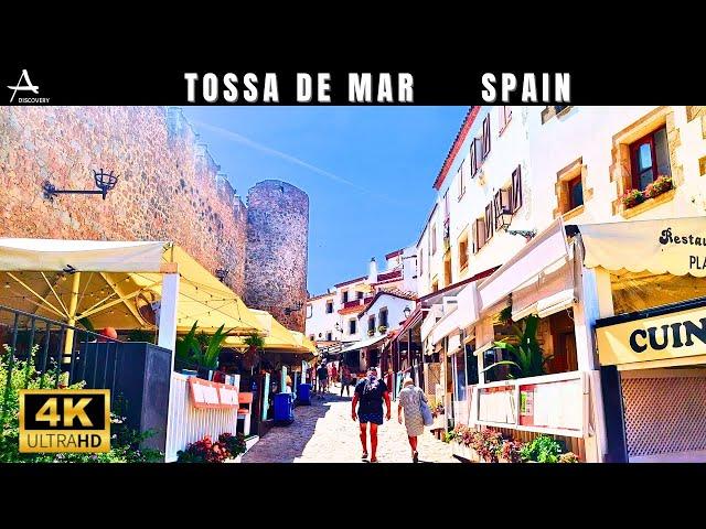 Tossa de Mar  Costa Brava // Old Town and Shopping District // 4K Walking Tour 4K60 // Hot Day