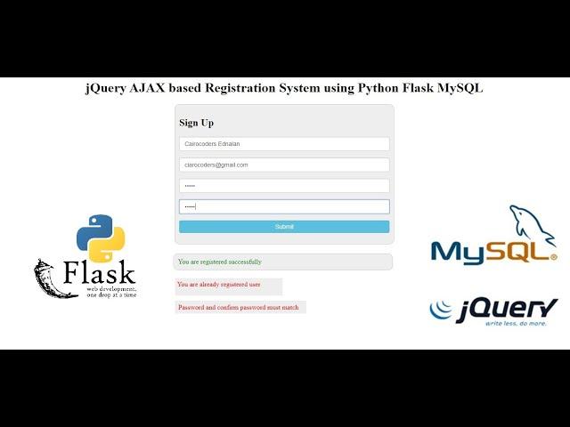 jQuery AJAX based Registration System using Python Flask MySQL