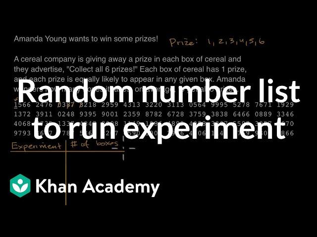 Random number list to run experiment | Probability | AP Statistics | Khan Academy