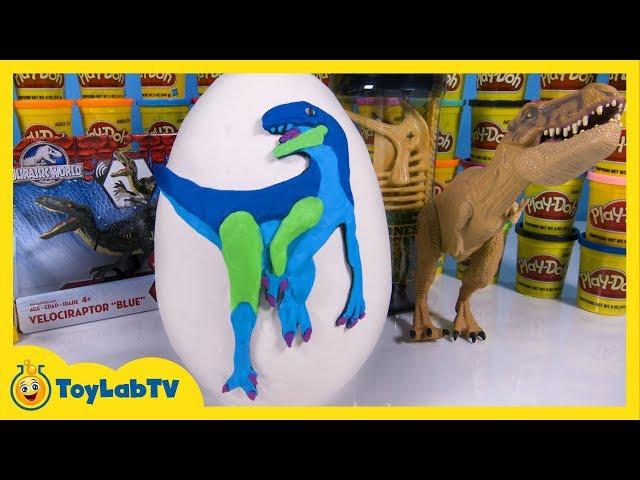 Giant Play Doh Jurassic World Dinosaur Surprise Egg with Velociraptor Blue Toy by ToyLabTV