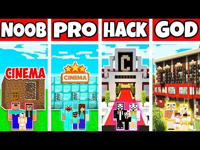 Minecraft: FAMILY CINEMA BUILD CHALLENGE - NOOB vs PRO vs HACKER vs GOD in Minecraft