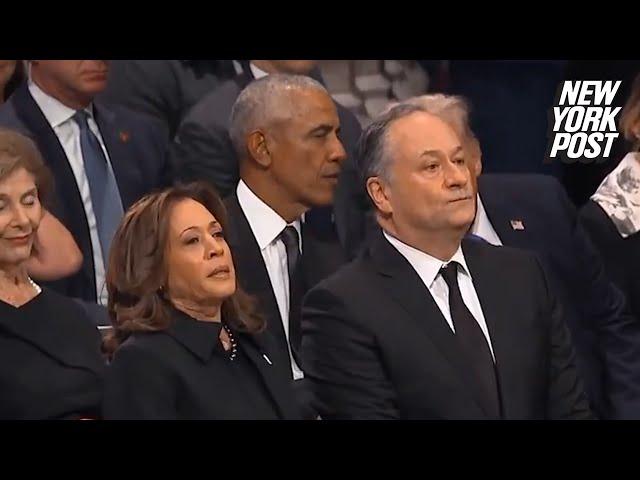 Kamala Harris huffs after spotting Trump and Obama chatting good naturedly