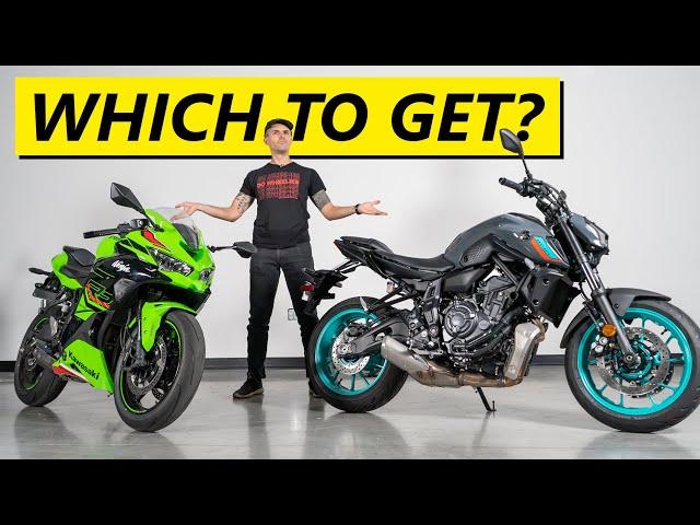 Yamaha MT07 vs. Kawasaki ZX4RR! Best Big Beginner Motorcycles?