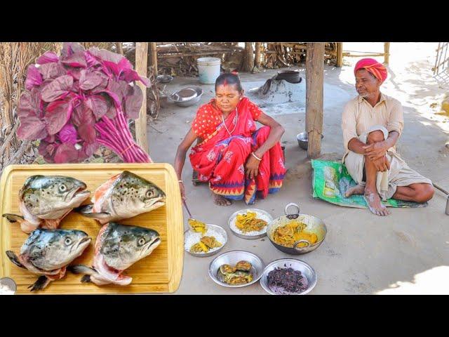 FISH HEAD CURRY and LAL SHAK VAJI cooking & eating by santali tribe old couple