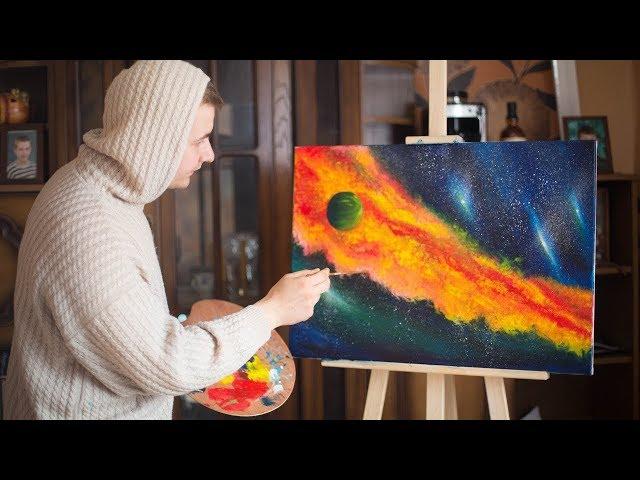 Draw space, stars - Oil painting, Palette Knife, Brush. Drawing tutorial. Космос масляными красками.