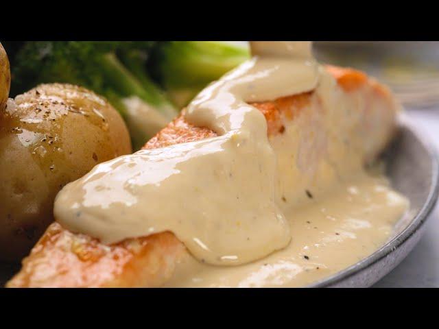 Nicky's Easy Salmon with Creamy White Wine Sauce (on the table in 15 mins)