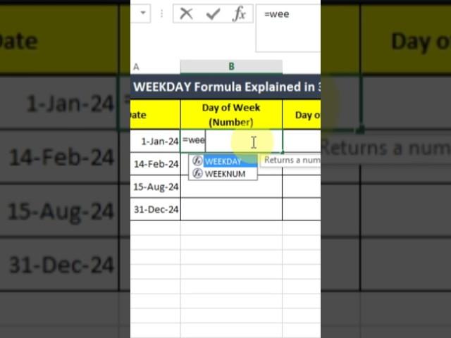 Excel WEEKDAY formula Explained in 45 Seconds! #excel