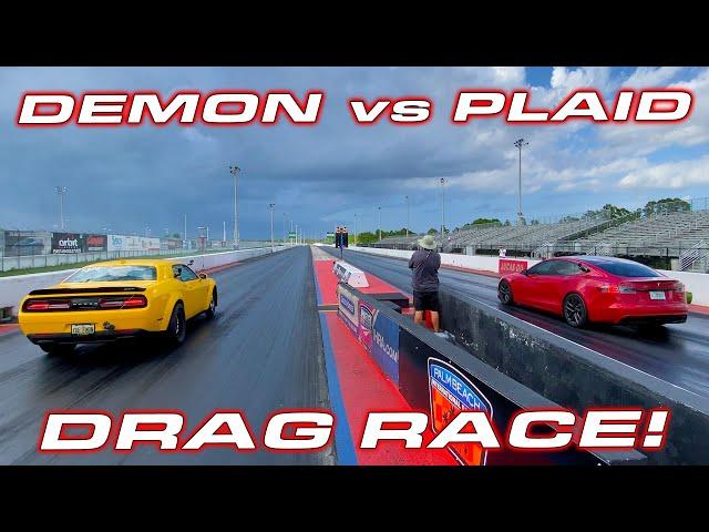 This is why Dodge is going Electric * Demon vs Plaid Tesla 1/4 Mile Drag Race