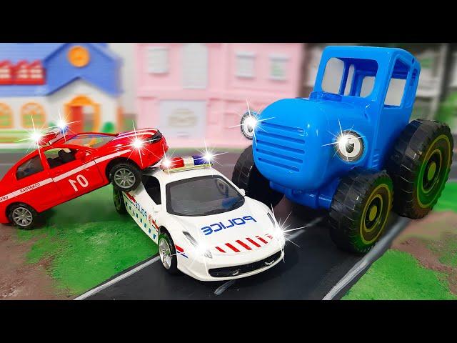 CARTOONS about Toy Cars Drive . Collection with blue tractor and police cars