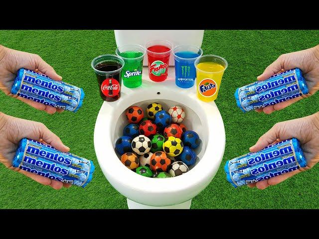 Football VS Popular Sodas !!!! Fanta, Coca Cola, Fruko, Monster, Sprite and Mentos in the toilet