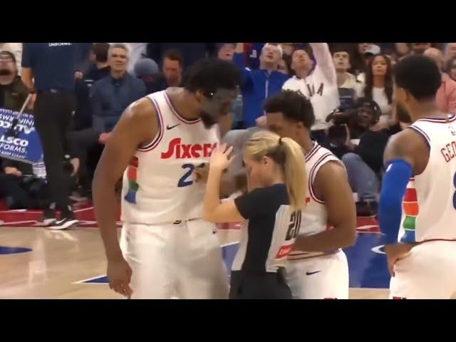 Joel Embiid ejected for getting heated in refs face then needs to be held back 