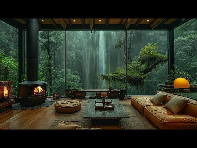 Cozy Forest Living Room Ambience with Soothing Waterfall -  Rain Sounds For Meditation, Deep Sleep