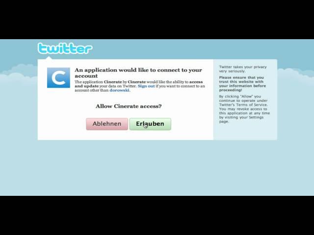Cinerate mit Twitter verknüpfen.