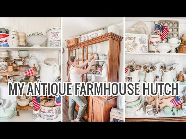 Styled Antique Farmhouse Hutch | Ironstone, Jadeite, Tins, & Marmalade Jars Galore 