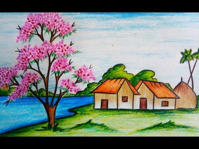 How to draw scenery of spring season step by step ( easy drawing)