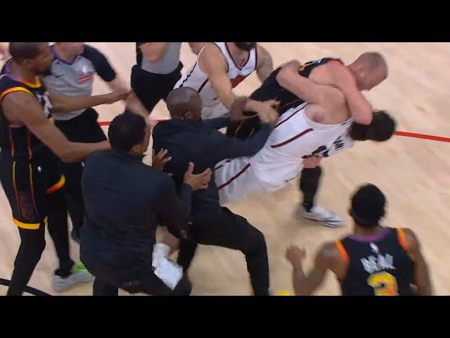 Steven Adams and Mason Plumlee wrestle each other to ground and both get ejected 