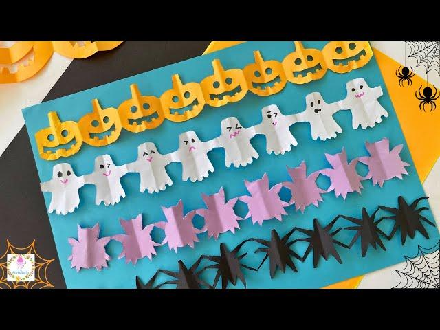 5 Super Easy Halloween Garland Ideas | Paper Pumpkin, Paper Ghosts, Spiders, Paper Bat Garlands