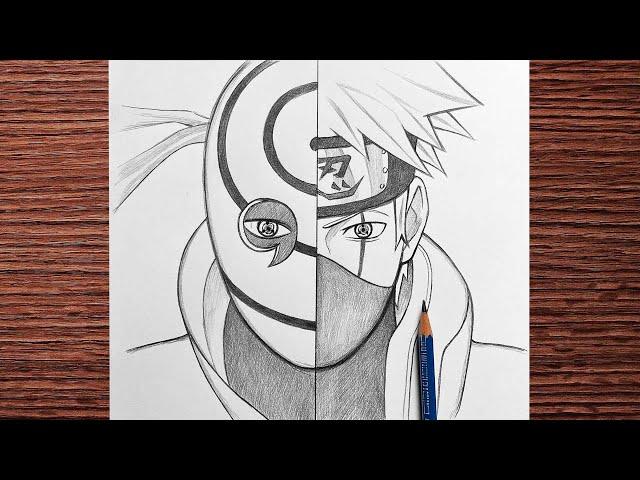 Anime sketch | how to draw Kakashi vs Obito - [Naruto] step by step easy