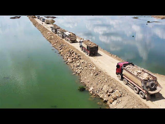 Amazing Base Boundary Building In Water Bulldozer Pushing Clearing Rock Dirt Dump Truck Unloading