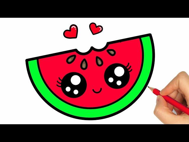 HOW TO DRAW A WATERMELON - DRAWING A WATERMELON EASY - HOW TO DRAW A WATERMELON KAWAII