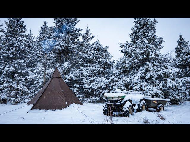 ATV Hot Tent Camping In Freezing Rain And Snow