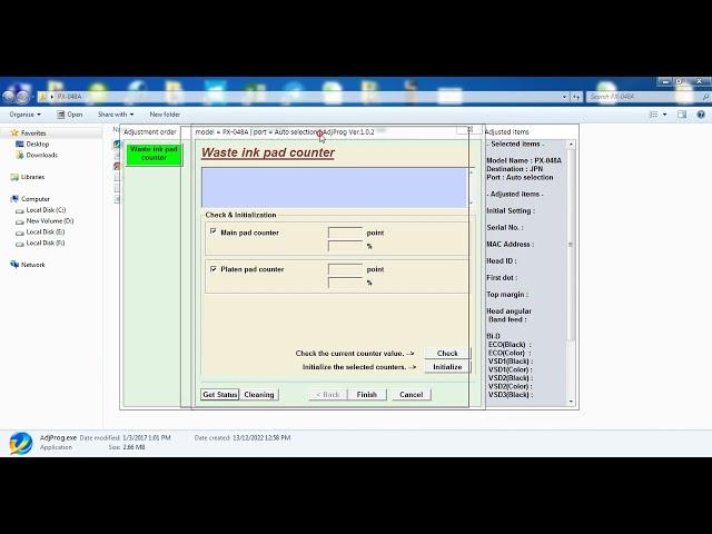 Phần mềm Reset Epson PX-048A Waste Ink Pad Counter ADJPROG JPN, error flashing red light