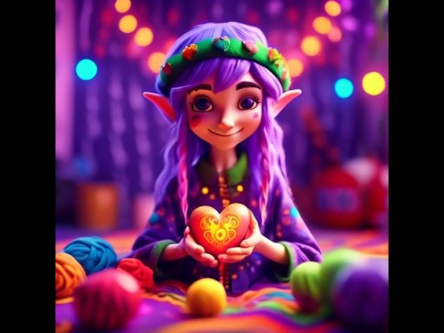 Hippie elf cute cartoon with purple hair, colorful room, holding glowing heart #ai #appypie #video