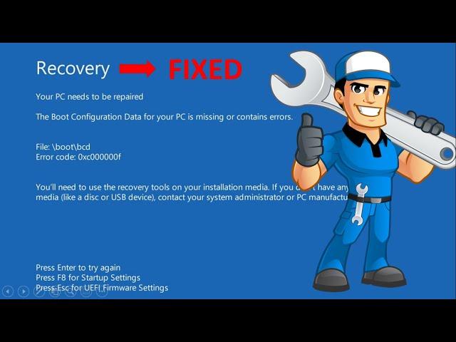 PC need to be repaired fix, blue screen of death, boot configuration data file is missing 0xc000000f