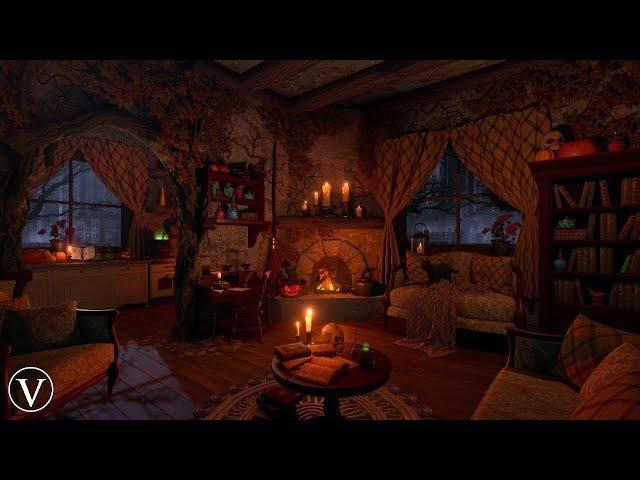 Witch's Grotto | Halloween Night Ambience | Spooky Sounds, Wind, Fireplace, Rain & Thunder