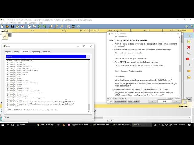 Packet Tracer - Configure Initial Router Settings