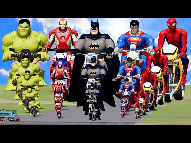 Big & Small: Spiderman vs Hulk vs Ironman vs Batman vs Superman on a motorcycle vs Trains | BeamNG